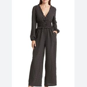Max Studio Long Sleeve Smocked Wide Leg Jumpsuit